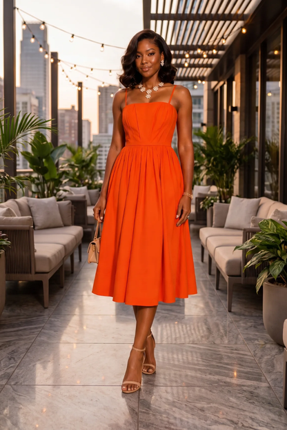 The Aurora Pleated Midi Dress – Vibrant Tangerine